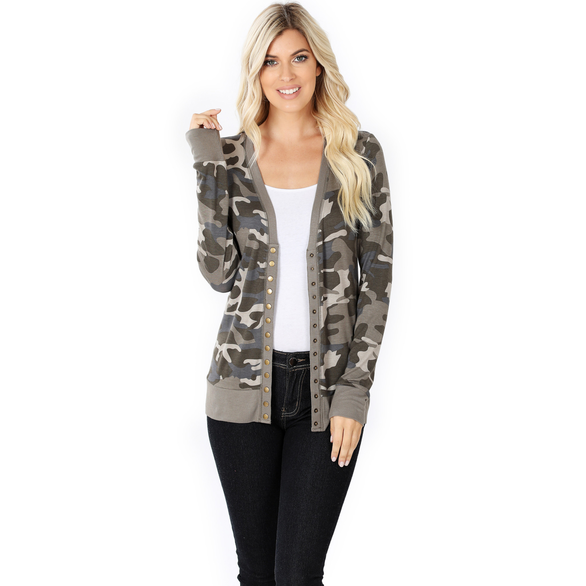 camo snap cardigan