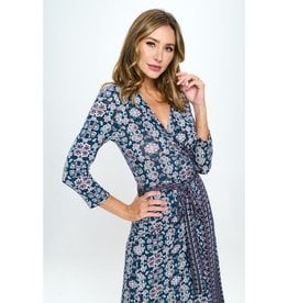 Renee C. Navy Floral Print V neck Jersey Wrap Dress with Tie