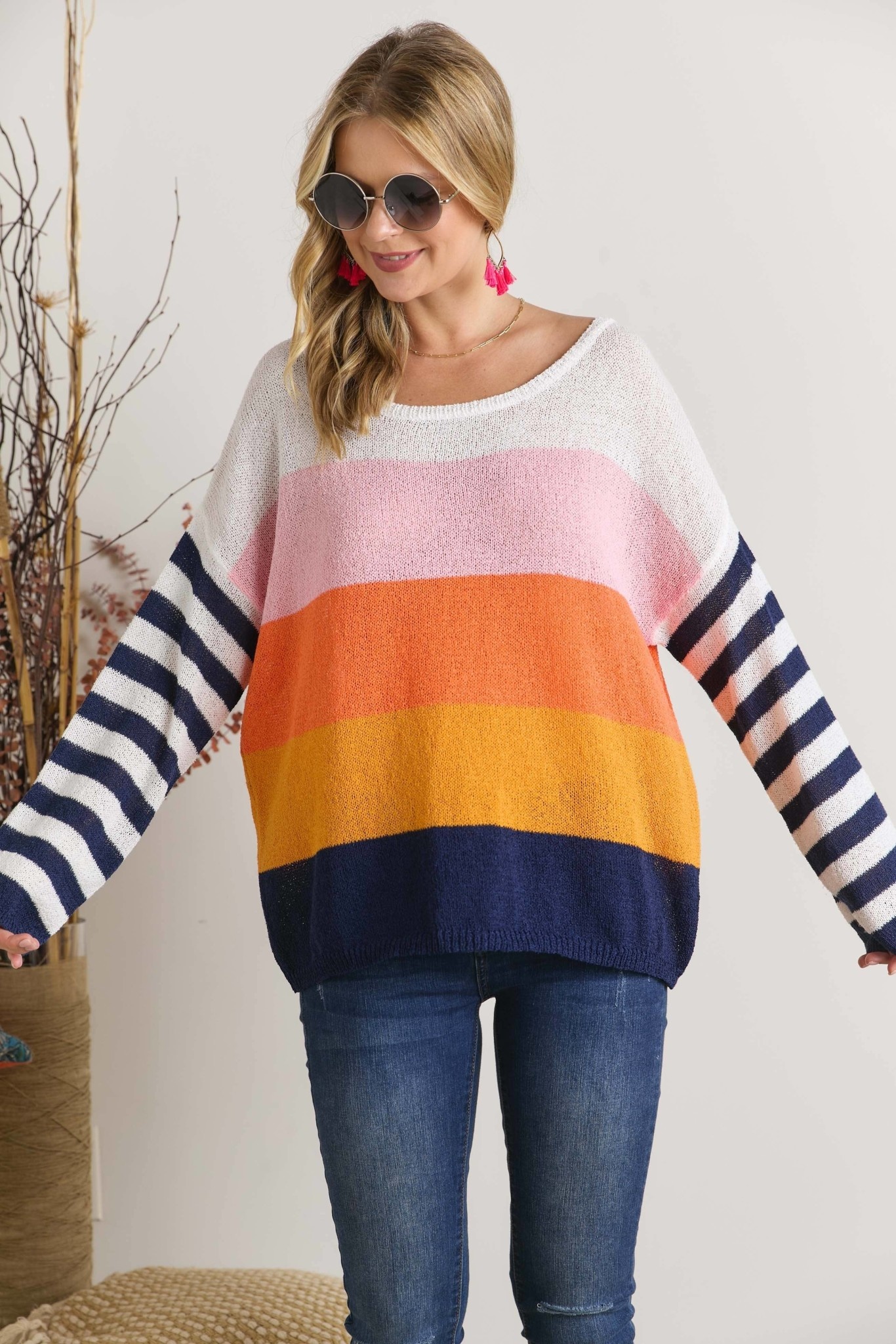 Adora la Pink Color Block Stripe Sleeve Knit Sweater