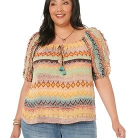 Democracy PLUS SIZE: SHORT SLEEVE WITH RUFFLE DETAIL, SQUARE NECK WITH TIE, PRINTED WOVEN TOP