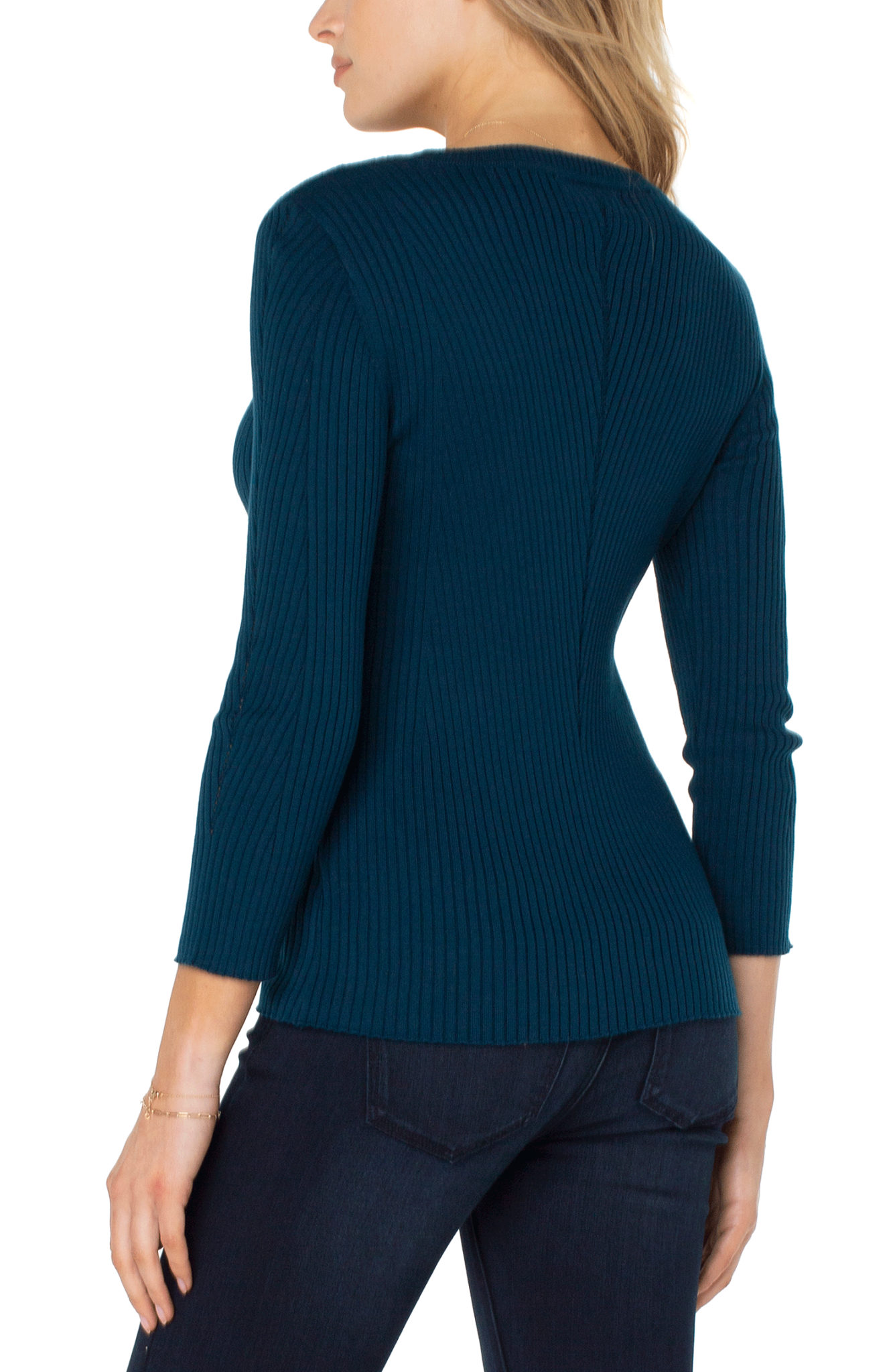Liverpool Los Angeles Deep Teal Blue Rib Knit Sweater w Pointelle Detail