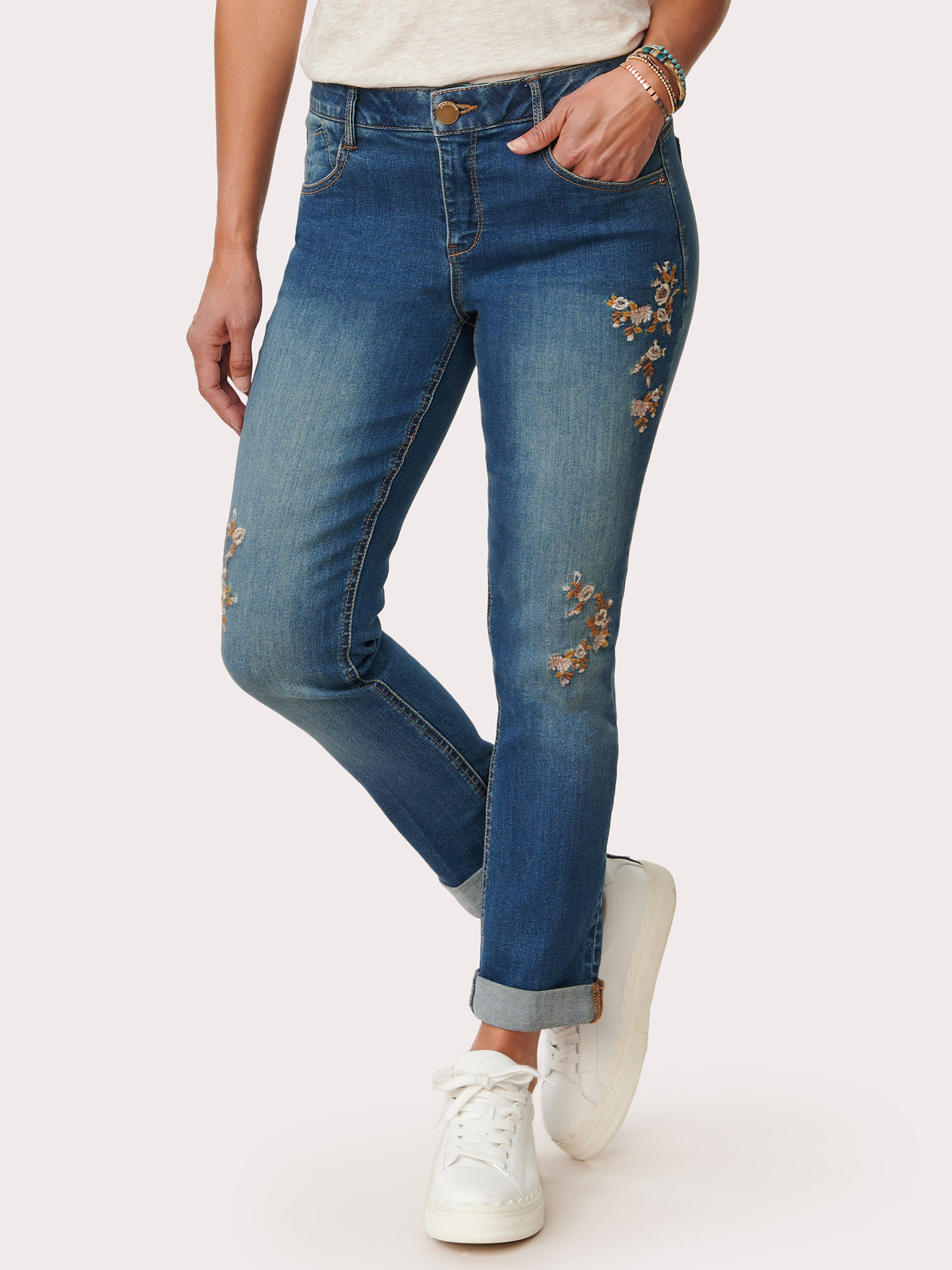 Democracy "Ab"solution® Roll Cuff Floral Embroidered Girlfriend Jean