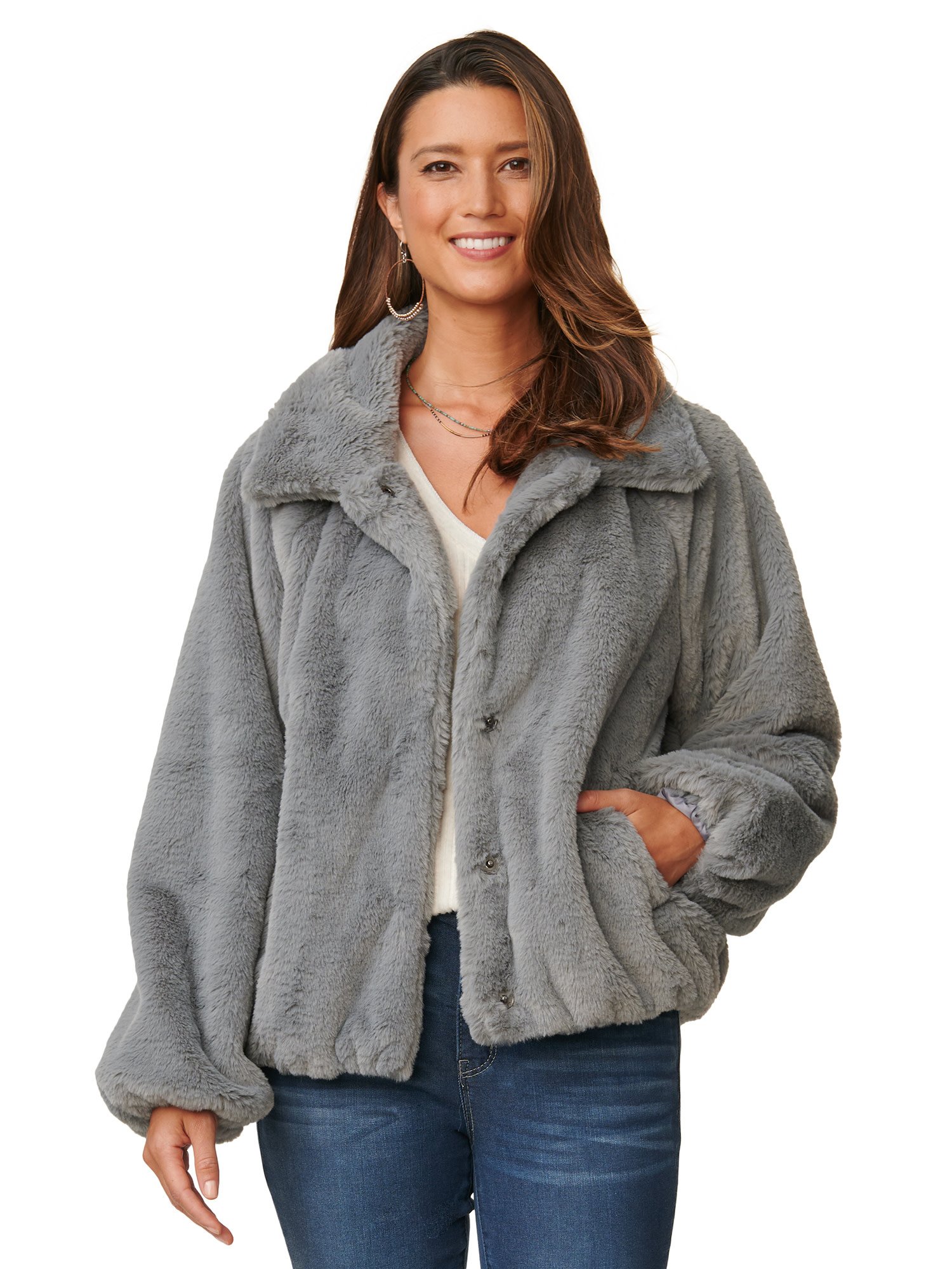 Democracy Light Grey Blouson Sleeve Faux Fur Short Jacket