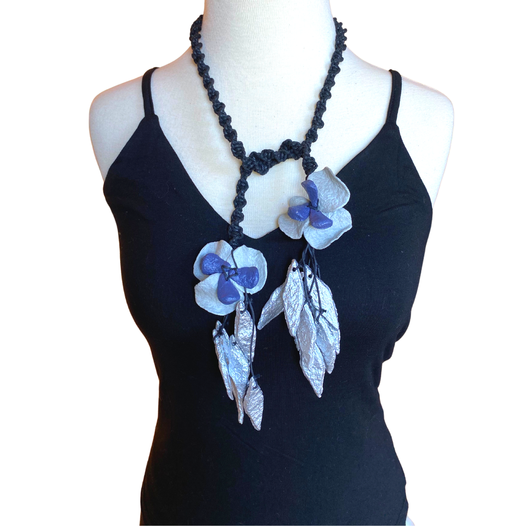 Sweet Lola Pansy -Handmade recycled paper, white & purple pansy lariat