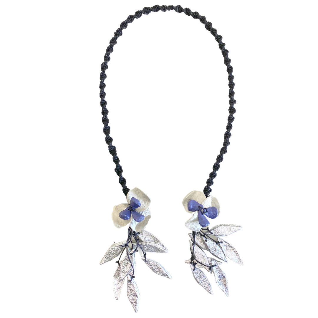 Pansy -Handmade recycled paper, white & purple pansy lariat