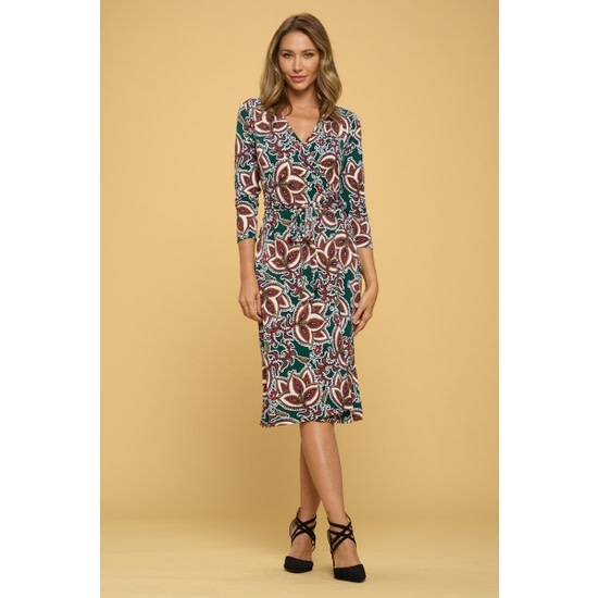 Renee C. Green Red Print V neck Jersey Wrap Dress with Tie (Sm-3x)
