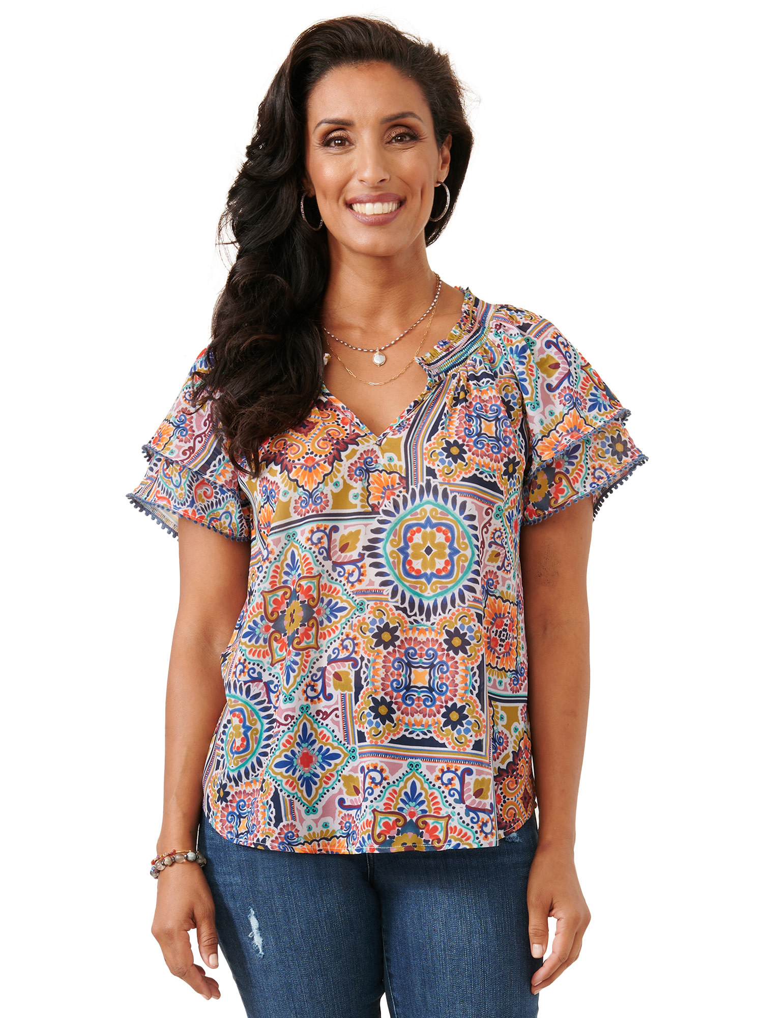 Democracy Smock Neck, Printed Woven Top