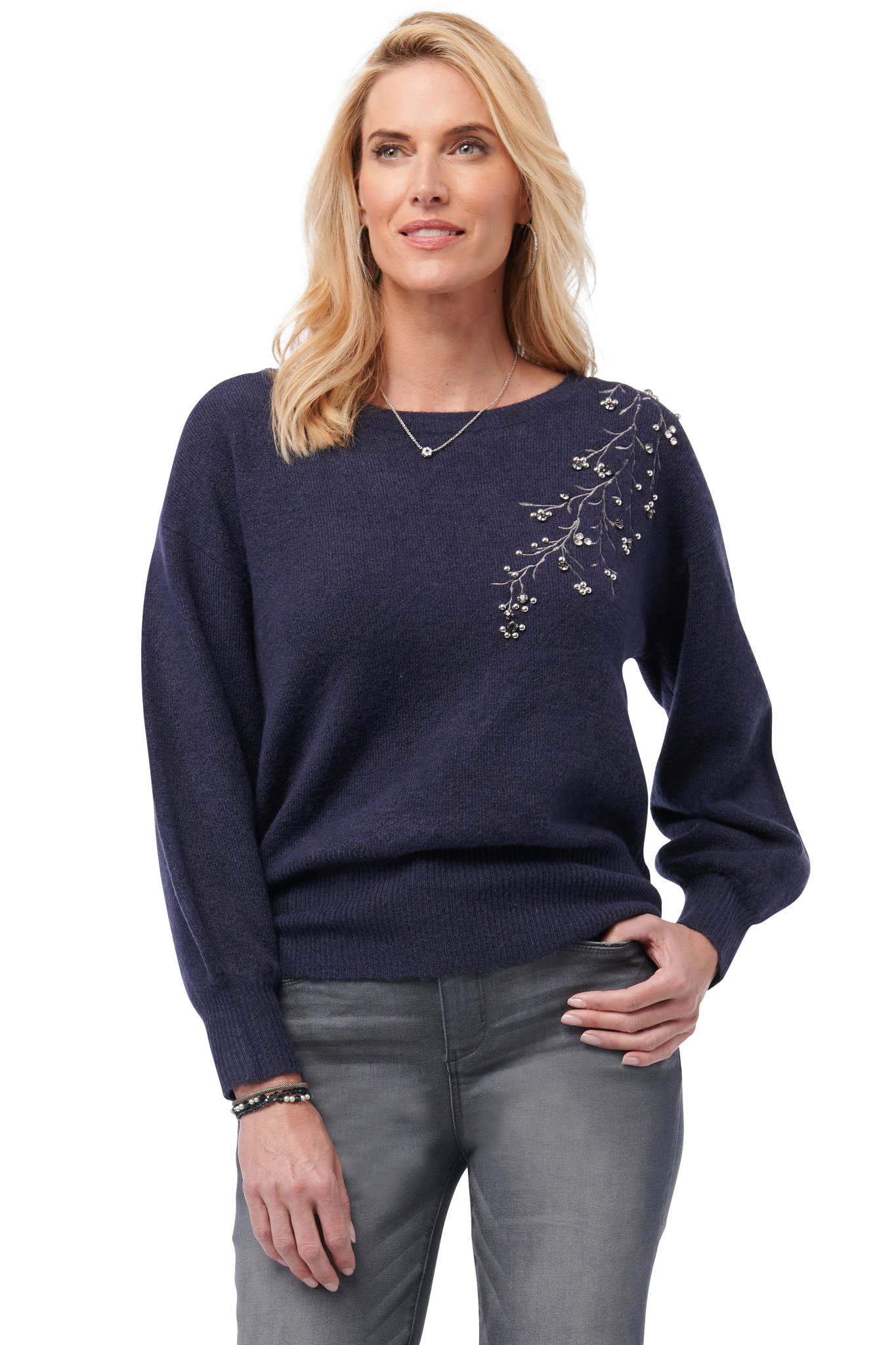 Democracy Navy Long Blouse Sleeve w/Rhinestone Sweater