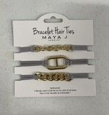 Maya J Gold Bit Trio w Grey Elastic Cord Bracelet Hair Ties