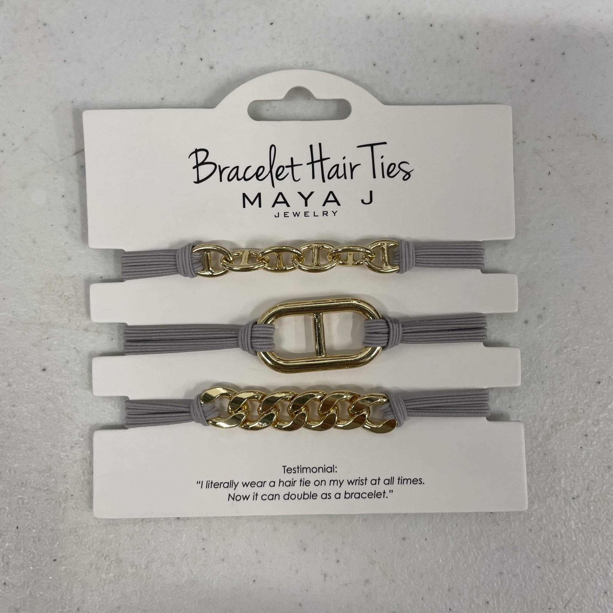 Maya J Gold Bit Trio w Grey Elastic Cord Bracelet Hair Ties