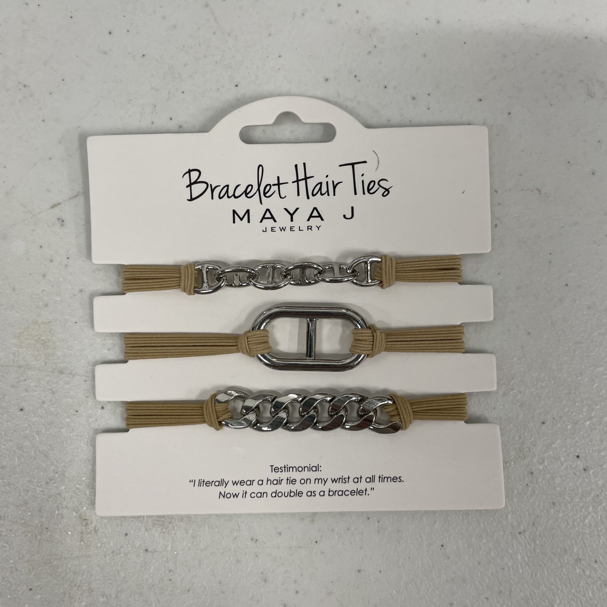 Maya J Silver Bit Trio w Beige Elastic Cord Bracelet Hair Ties