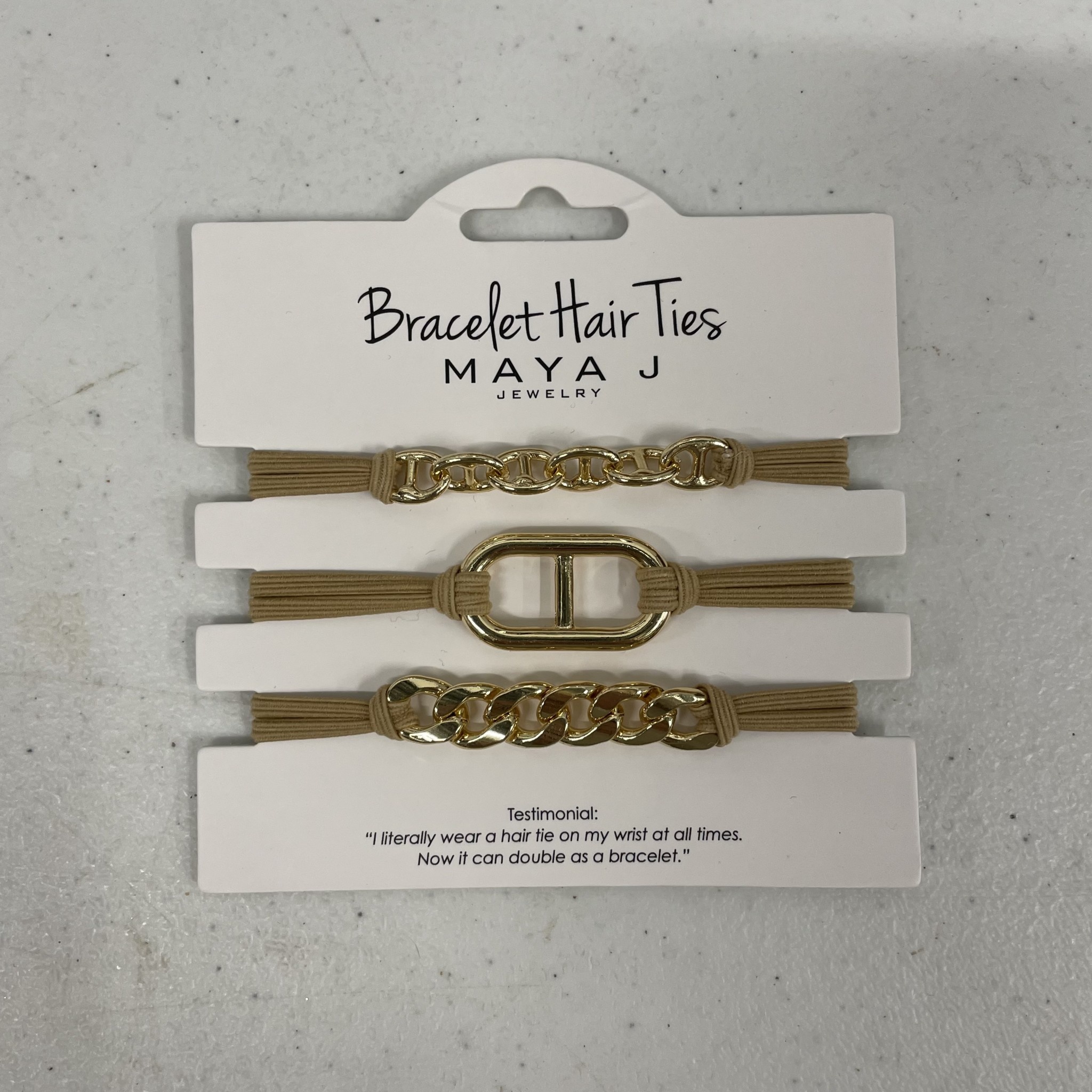 Maya J Gold Bit Trio w Beige Elastic Cord Bracelet Hair Ties