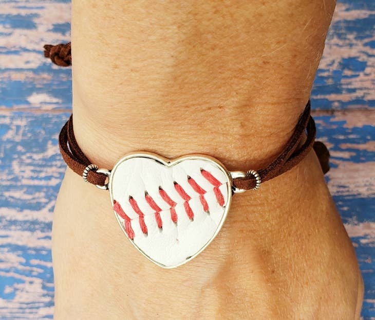 Home Run Accessories Tan Adjustable Suede Real  Baseball Seams Heart Bracelet