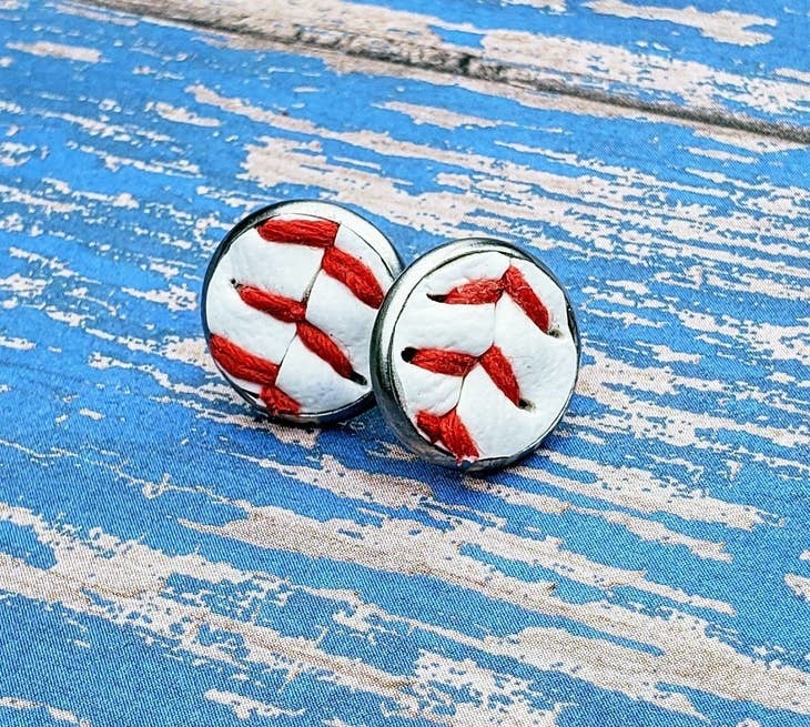 Home Run Accessories Real Baseball Seams Stud Earrings