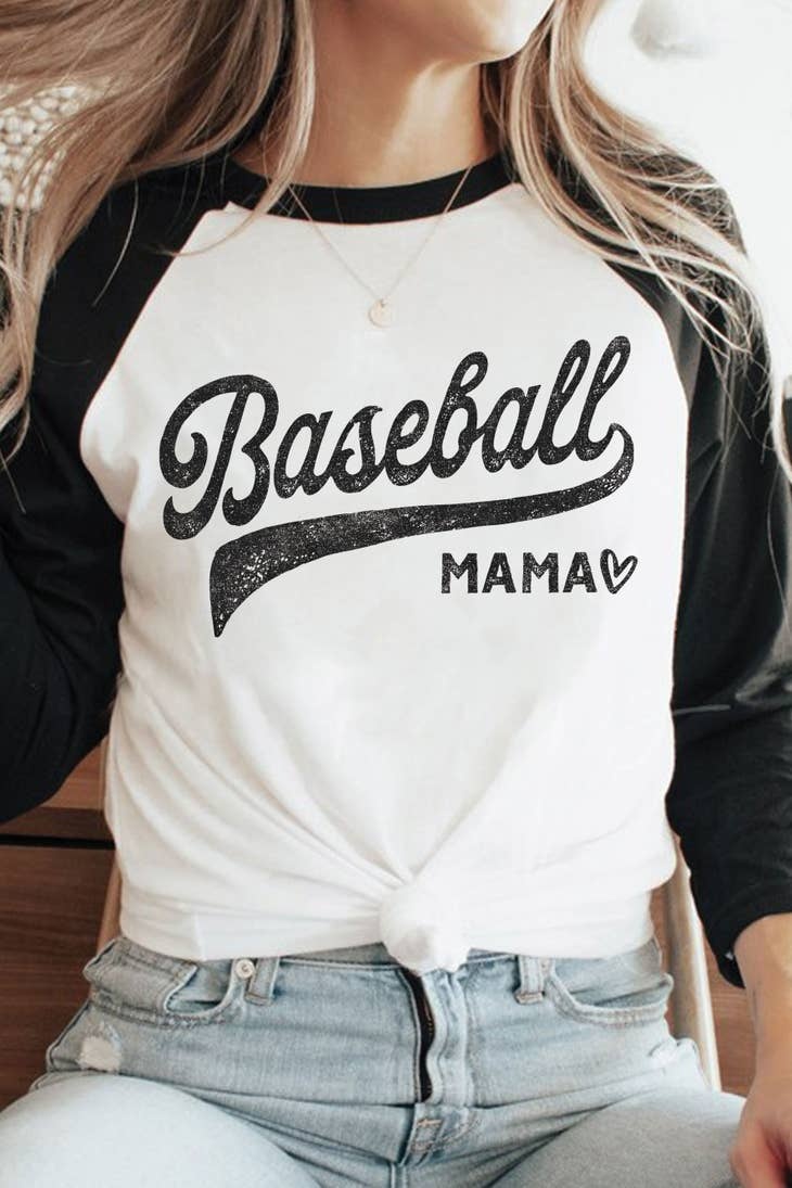 Black Baseball Mama Heart Graphic Raglan Shirts - FLEURISH