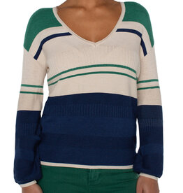 Liverpool Los Angeles Emerald Blue Combo V-Neck Blouson Sweater W/ Colorblocking