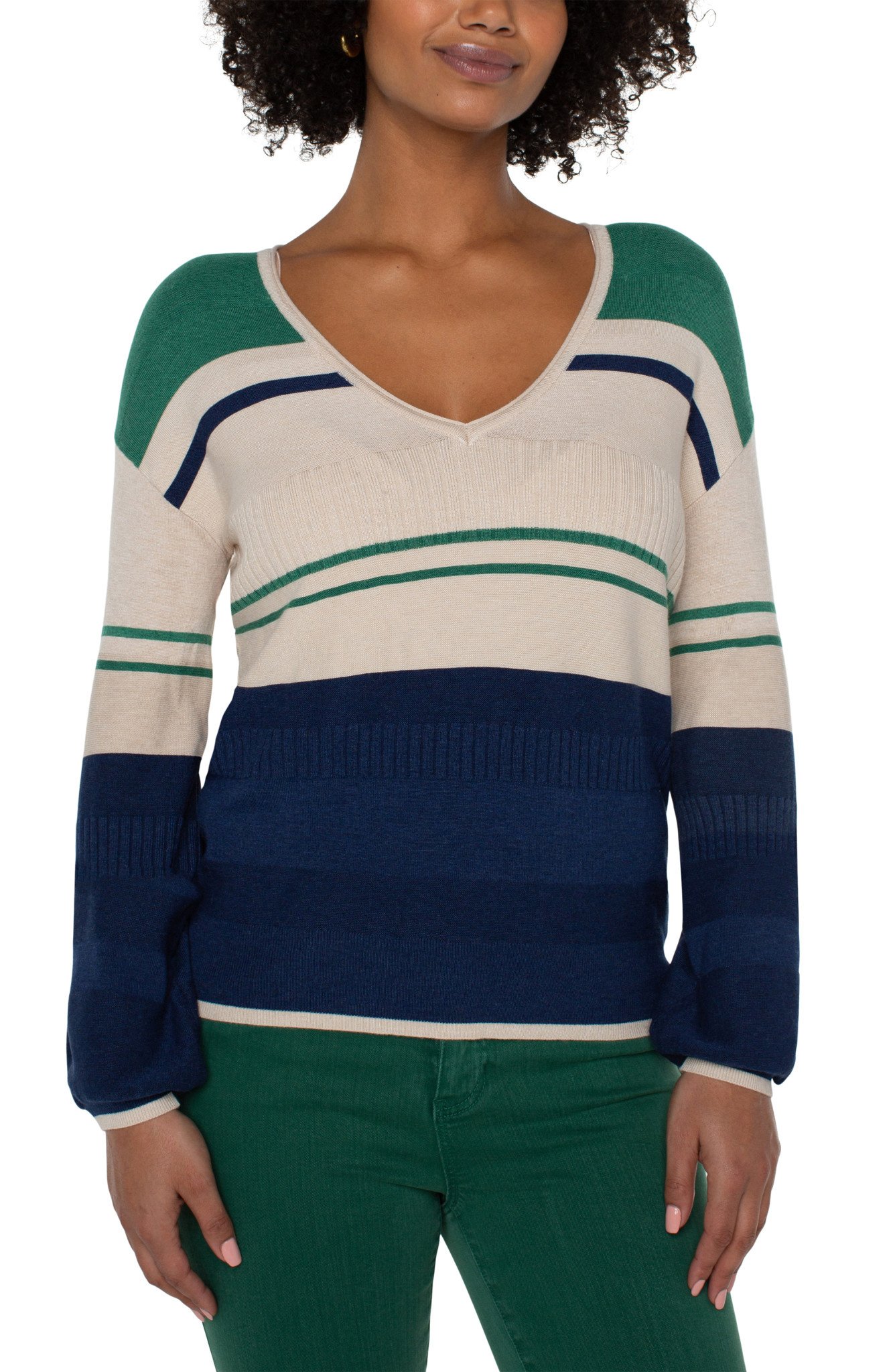 Liverpool Los Angeles Emerald Blue Combo V-Neck Blouson Sweater W/ Colorblocking