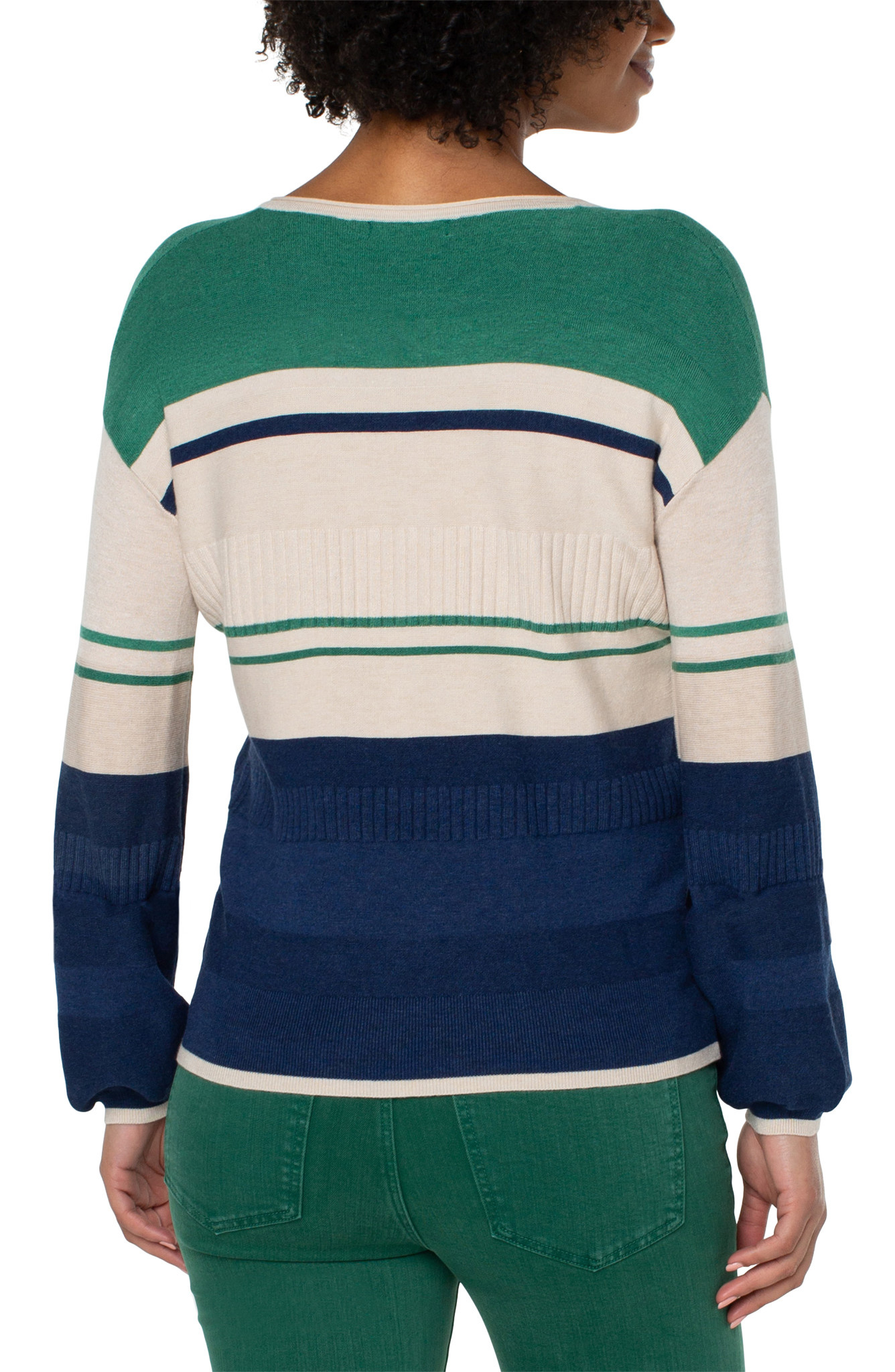 Liverpool Emerald Blue Combo V-Neck Blouson Sweater W/ Colorblocking