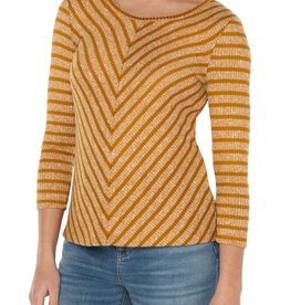 Liverpool Los Angeles Gold Stripe 3/4 Sleeve Miter Front Scoop Neck Knit Top