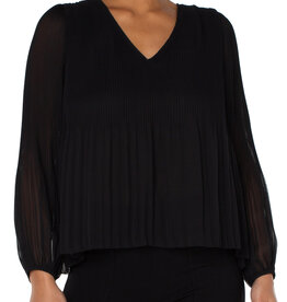 Liverpool Los Angeles Black V-Neck Long Sleeve Pleated Top