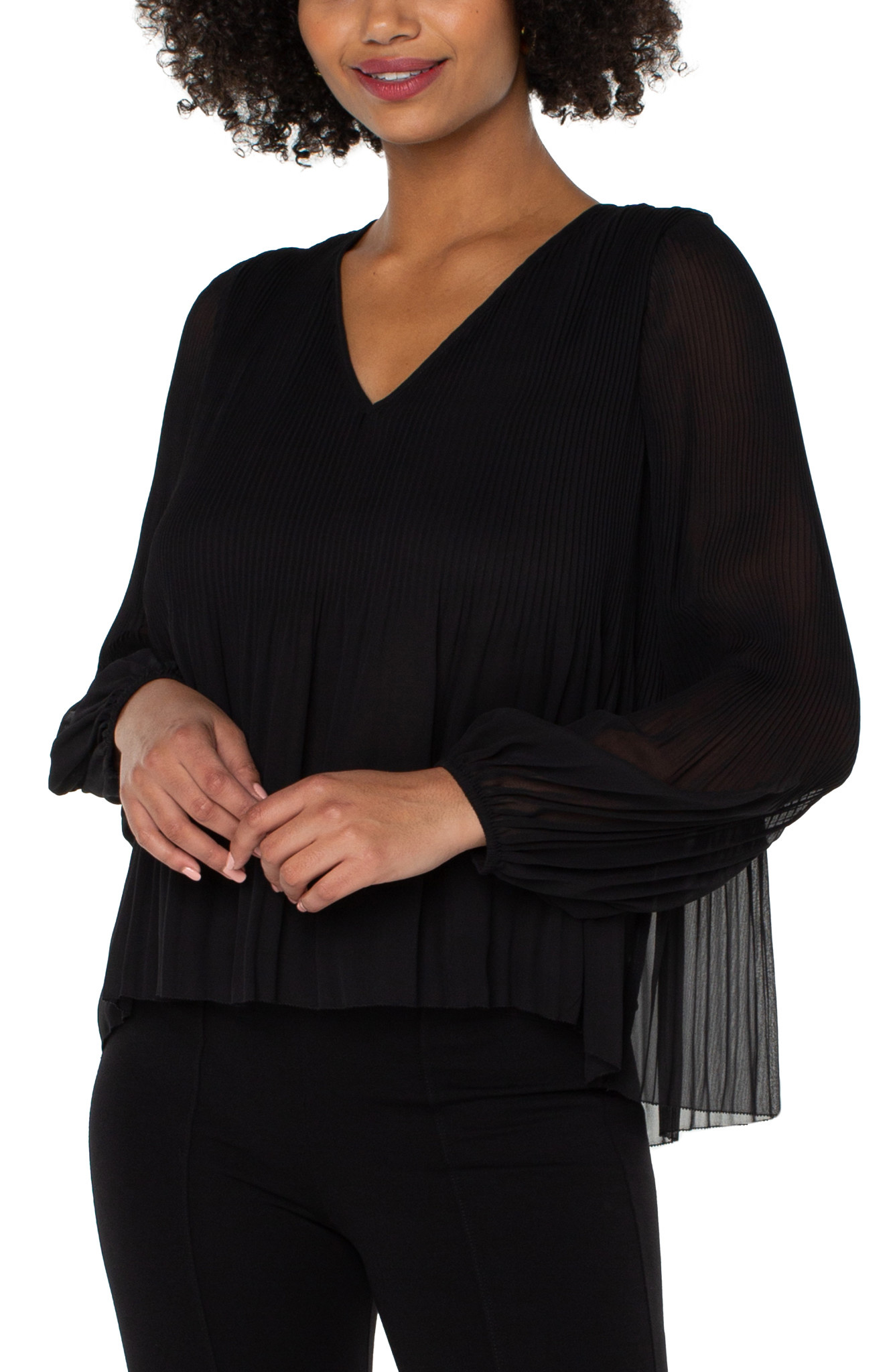 Liverpool Los Angeles Black V-Neck Long Sleeve Pleated Top