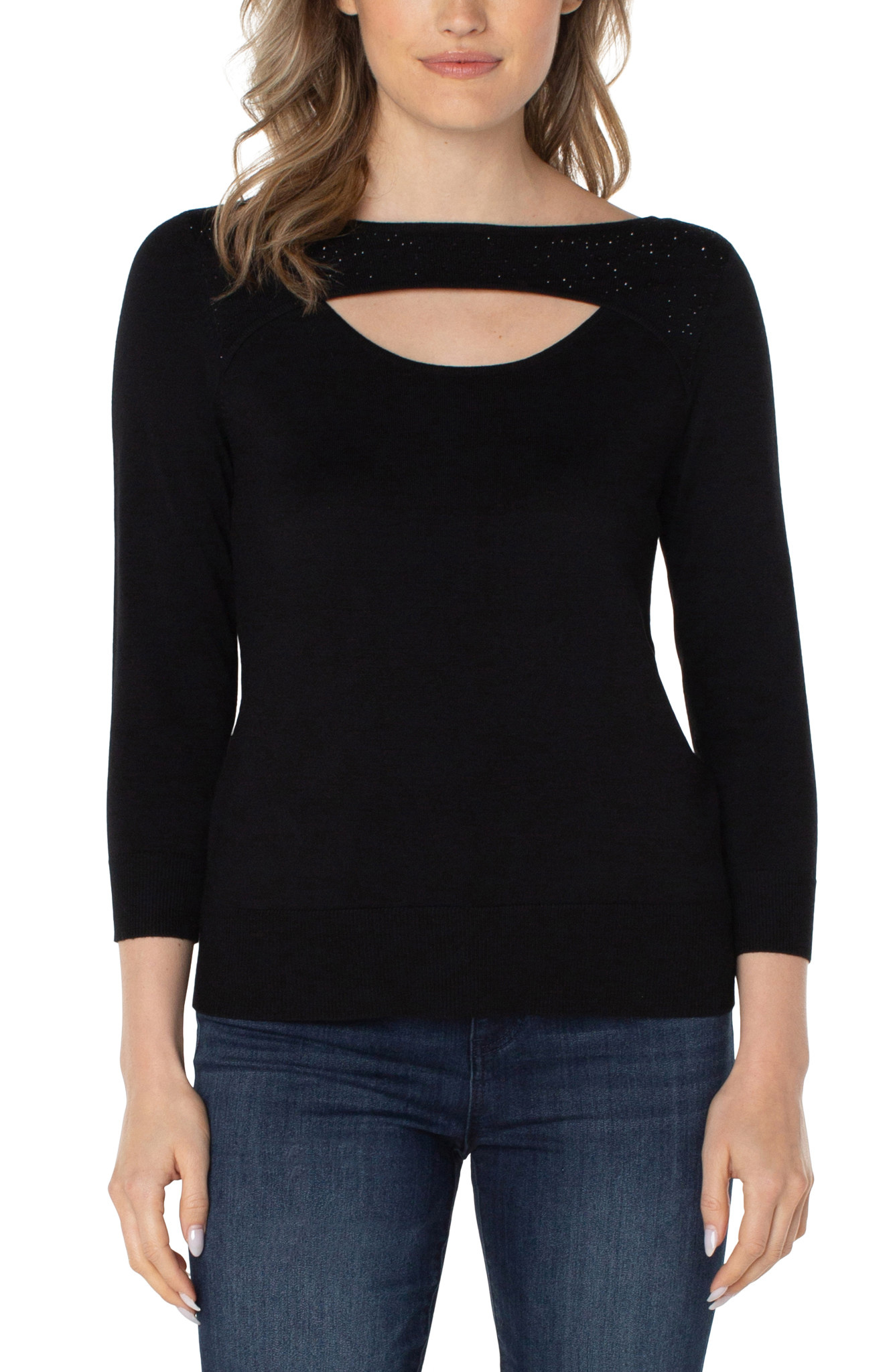 Liverpool Los Angeles Black 3/4 Sleeve Sweater W/ Rhinestones