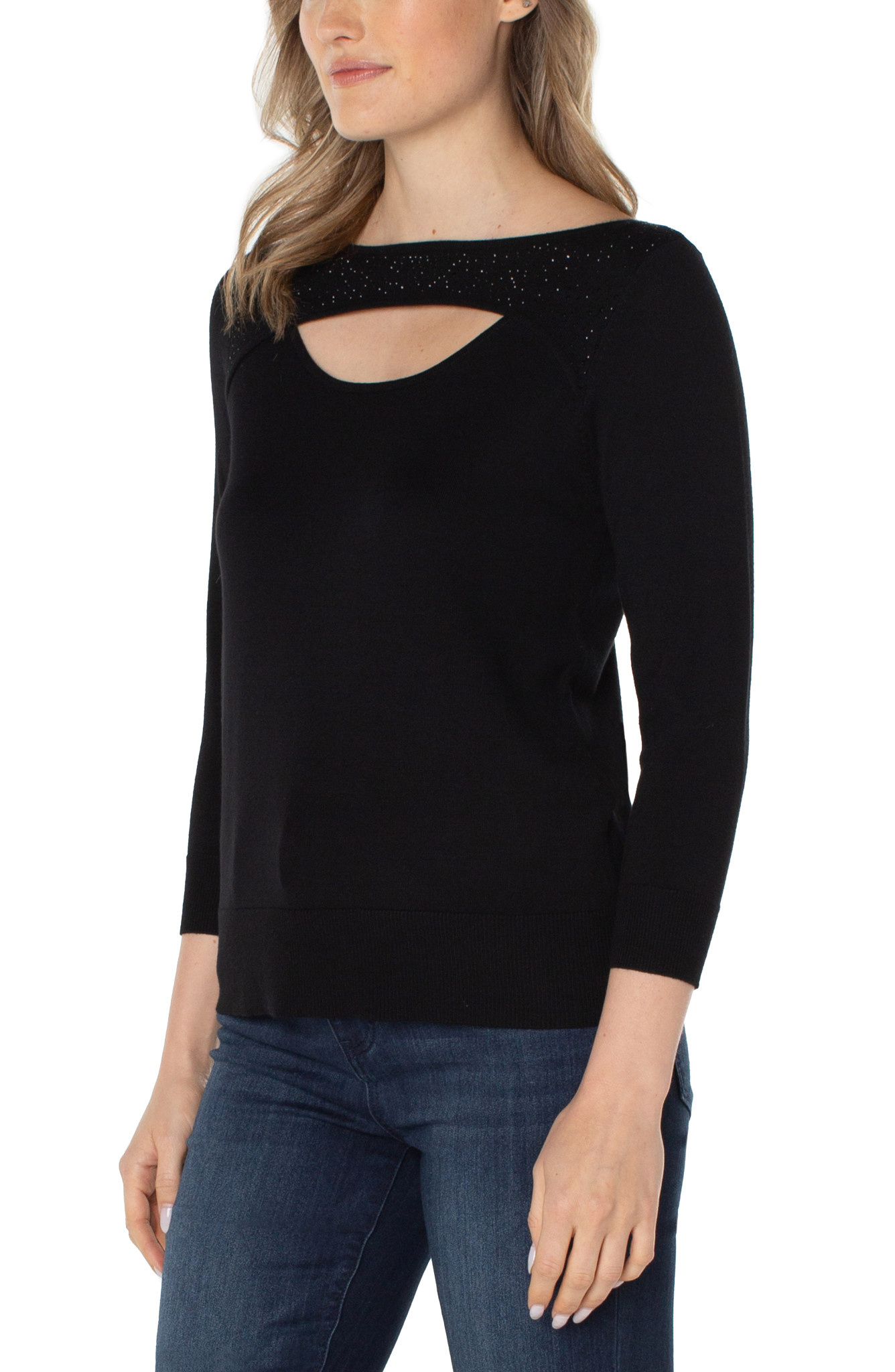 Liverpool Los Angeles Black 3/4 Sleeve Sweater W/ Rhinestones