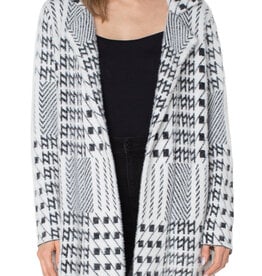Liverpool Los Angeles Black/White Mixed Plaid Coatigan: Open Front Sweater Coat