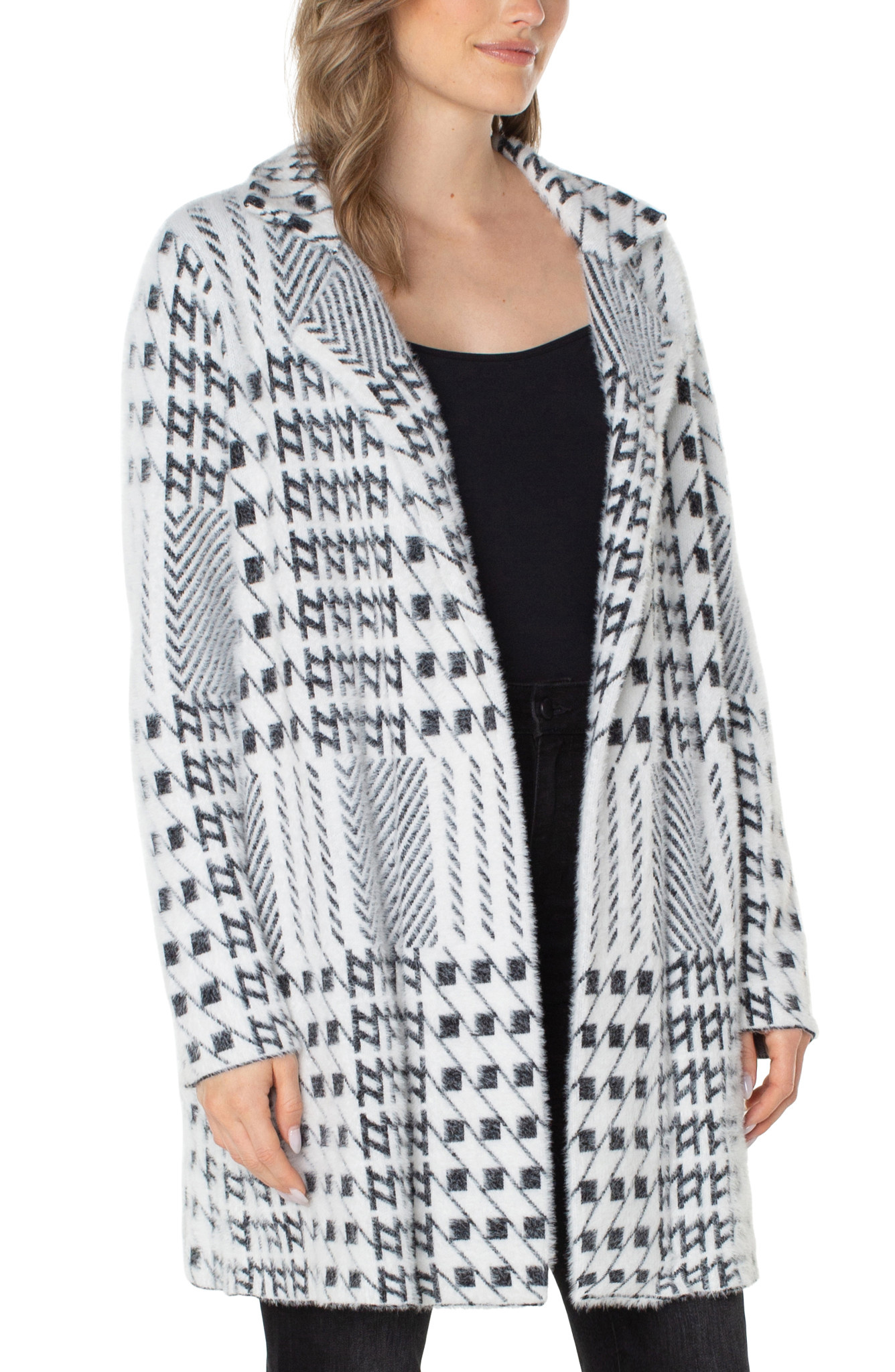 Liverpool Los Angeles Black/White Mixed Plaid Coatigan: Open Front Sweater Coat