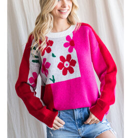 Jodifl Hot Pink Floral Print Colorblock Pullover Sweater