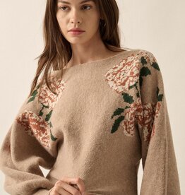 Promesa USA Taupe Cream Floral Boat Neck Wide Sleeve Sweater Top