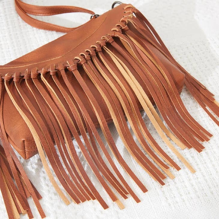 FLEURISH Brown Vegan Leather Fringed Crossbody Bag