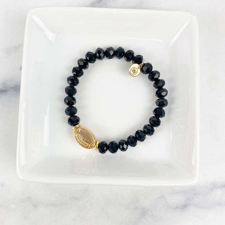Mod Miss Jewelry Black Bracelet Crystal Beaded "Gold Football"