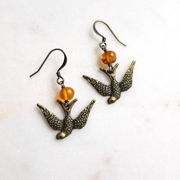 Edgy Petal Jewelry Amber Bird Earrings