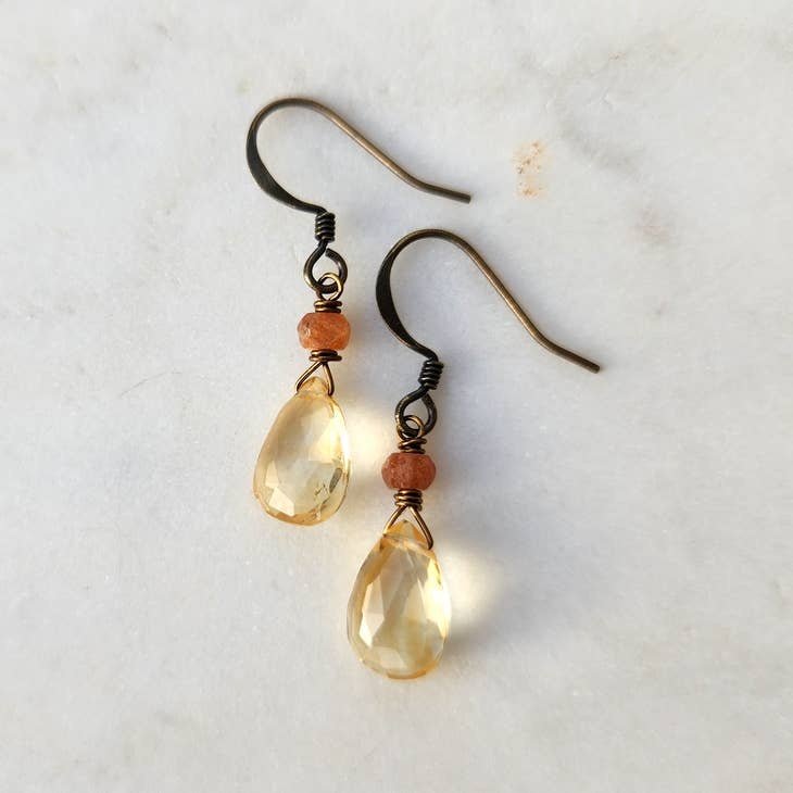 Edgy Petal Jewelry Citrine and Sunstone Drop Earrings