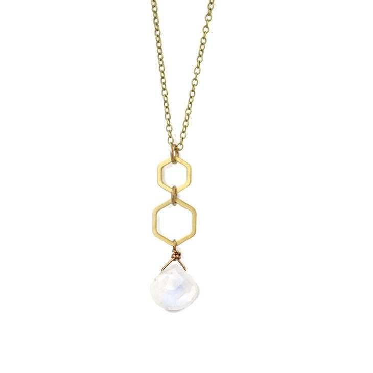 Edgy Petal Jewelry Rainbow Moonstone Double Dainty Hexagon Necklace