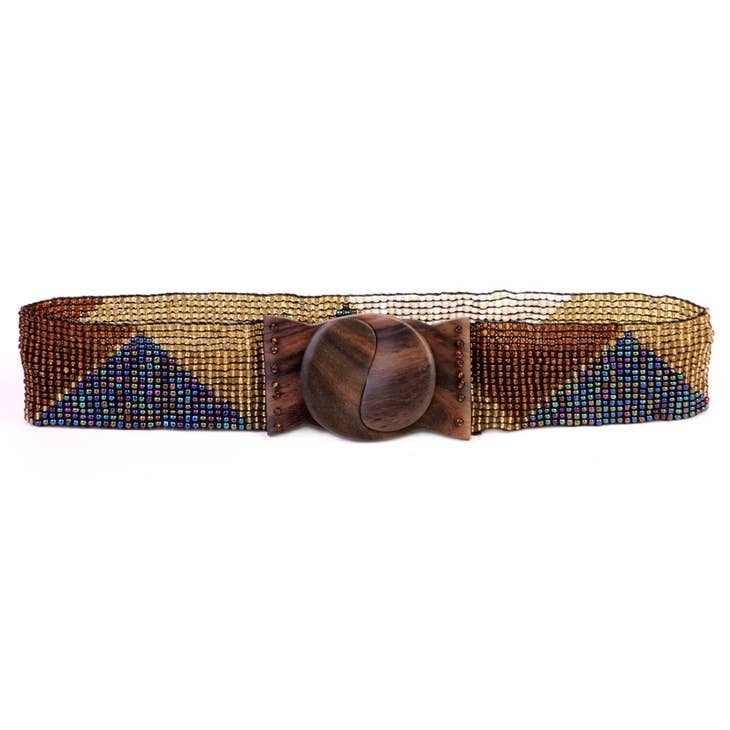 Erik & Mike Hand Loomed Glass Bead Belt Wood Scroll Triangles in Brown