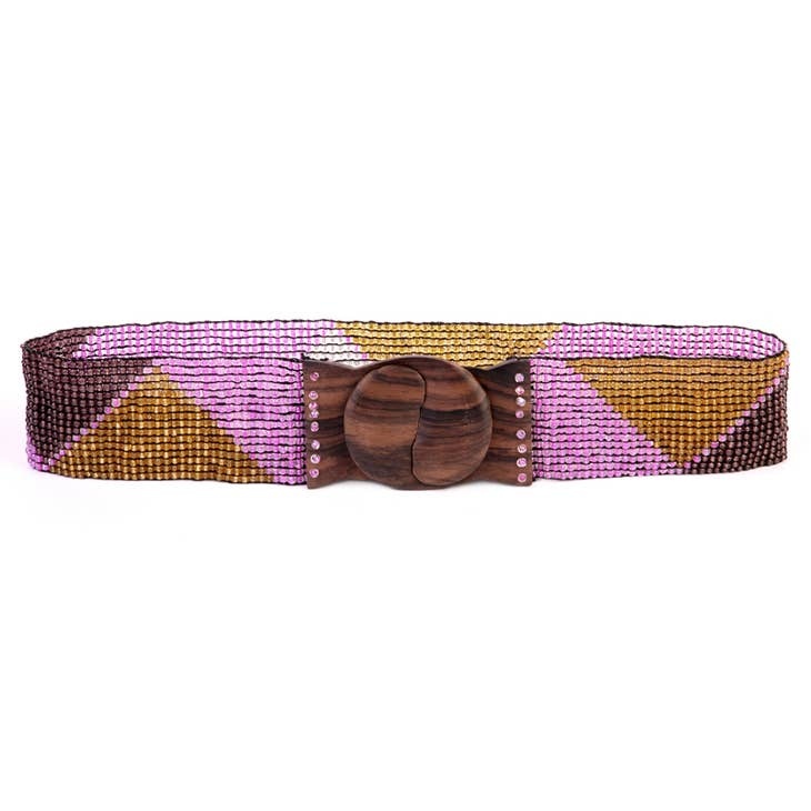 Erik & Mike Hand Loomed Glass Bead Belt Wood Scroll Triangles in Purple