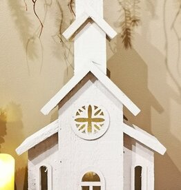 Fleurish Home Wh Washed Wood Church w Cross on Steeple & Round Window (Lit) 18"