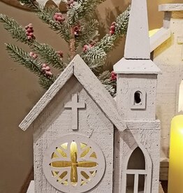 FLEURISH White Washed Wood Church w Round Window & Cross (Lighted) 14"