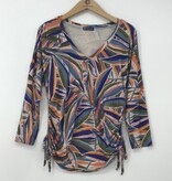 Democracy Cosmic Cobalt Multi 3/4 Sleeve V-Neck Side Ruched Shirttail Hem Placement Print Knit Top
