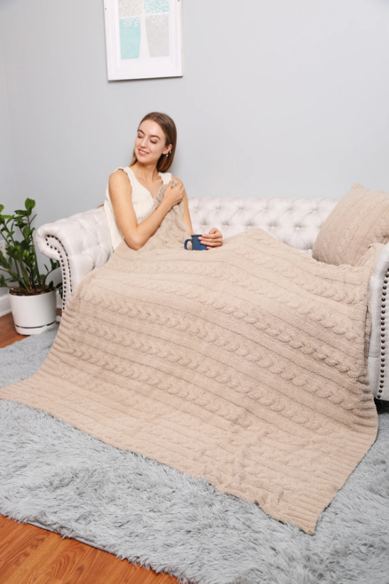 Jasmine Trading Corp. Beige Braided Cable Knit Throw Blanket