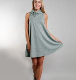 COIN 1804 Dusty Green Chambray Jersey Funnel Neck Pocket Dress