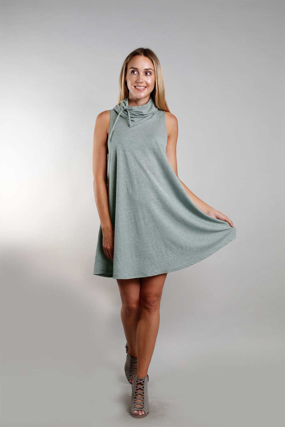 COIN 1804 Dusty Green Chambray Jersey Funnel Neck Pocket Dress