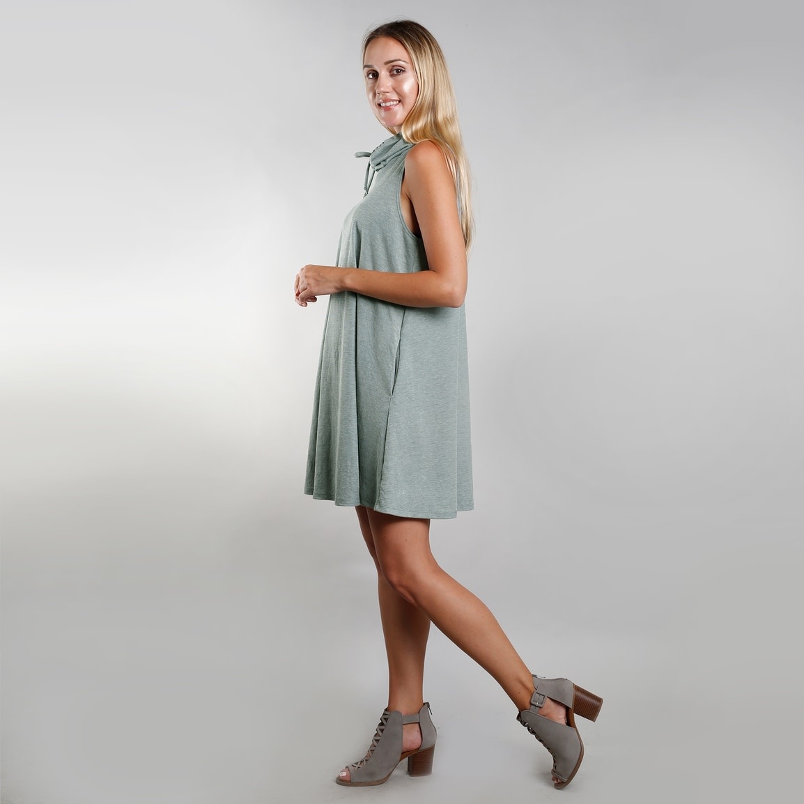 COIN 1804 Dusty Green Chambray Jersey Funnel Neck Pocket Dress