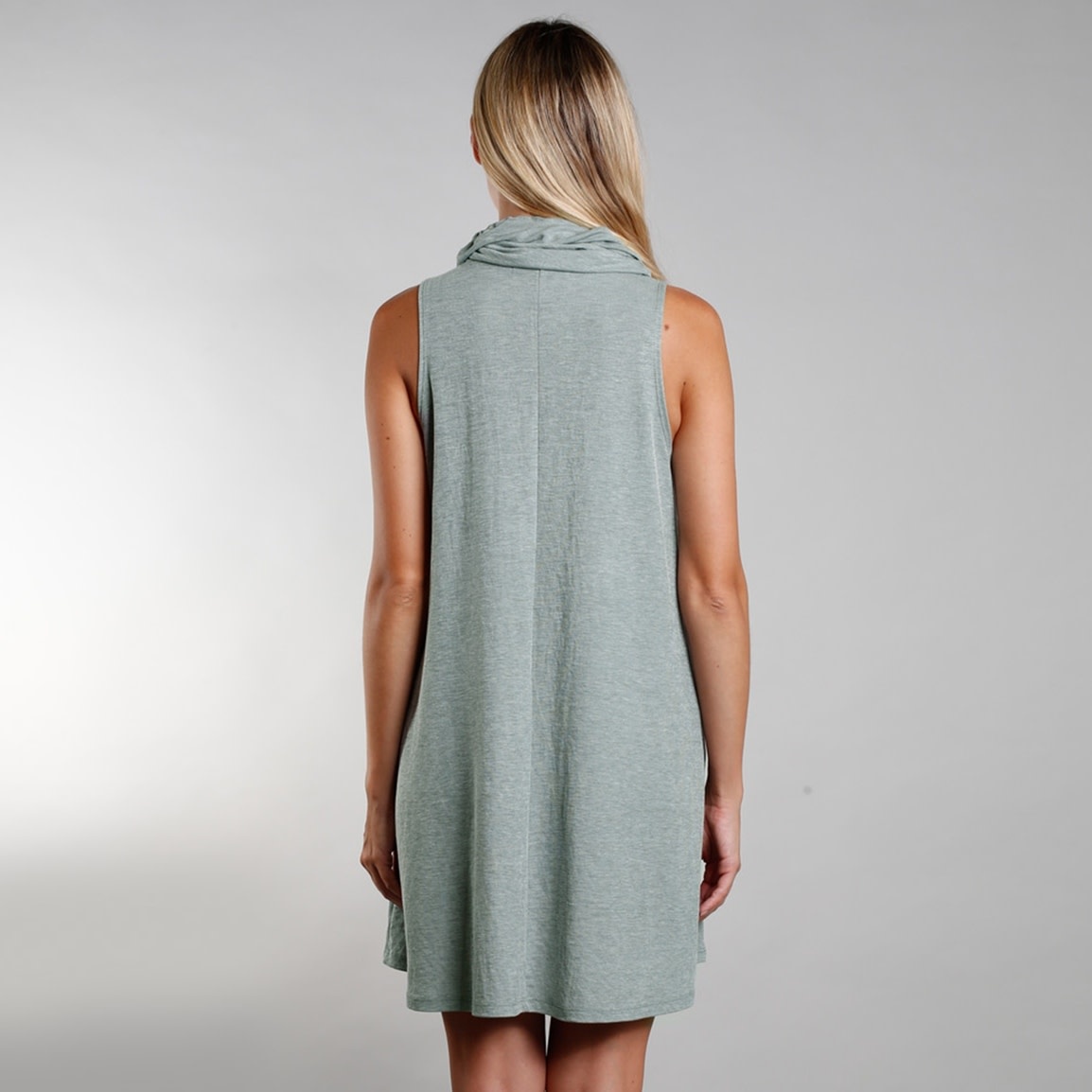 COIN 1804 Dusty Green Chambray Jersey Funnel Neck Pocket Dress