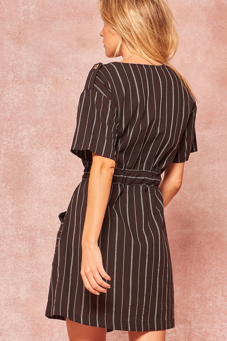 Promesa USA Black Striped Belted V Neck Mini Dress with Pockets