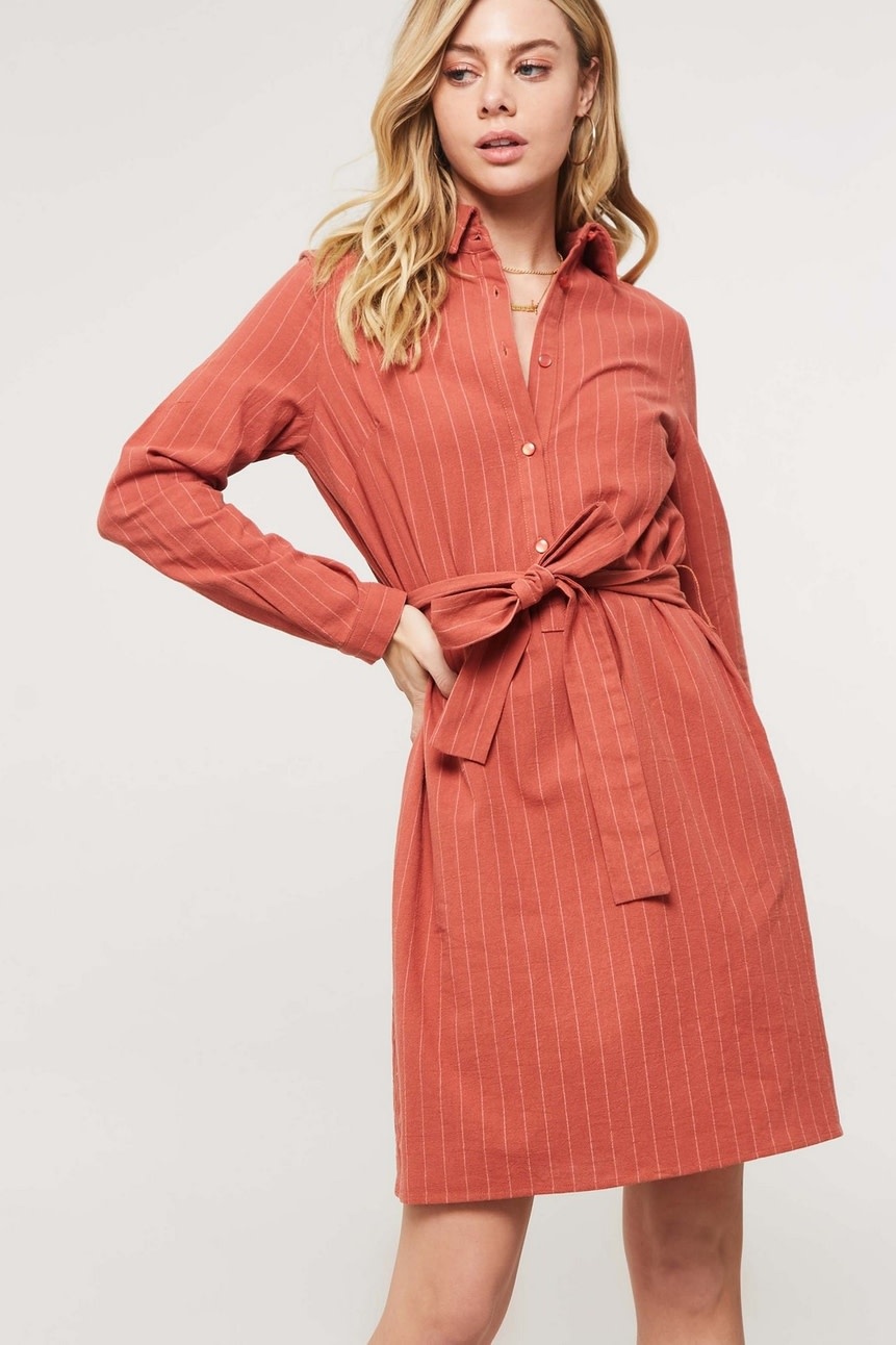 Promesa USA Brick Striped Half Button-Down Belted Mini Shirt Dress