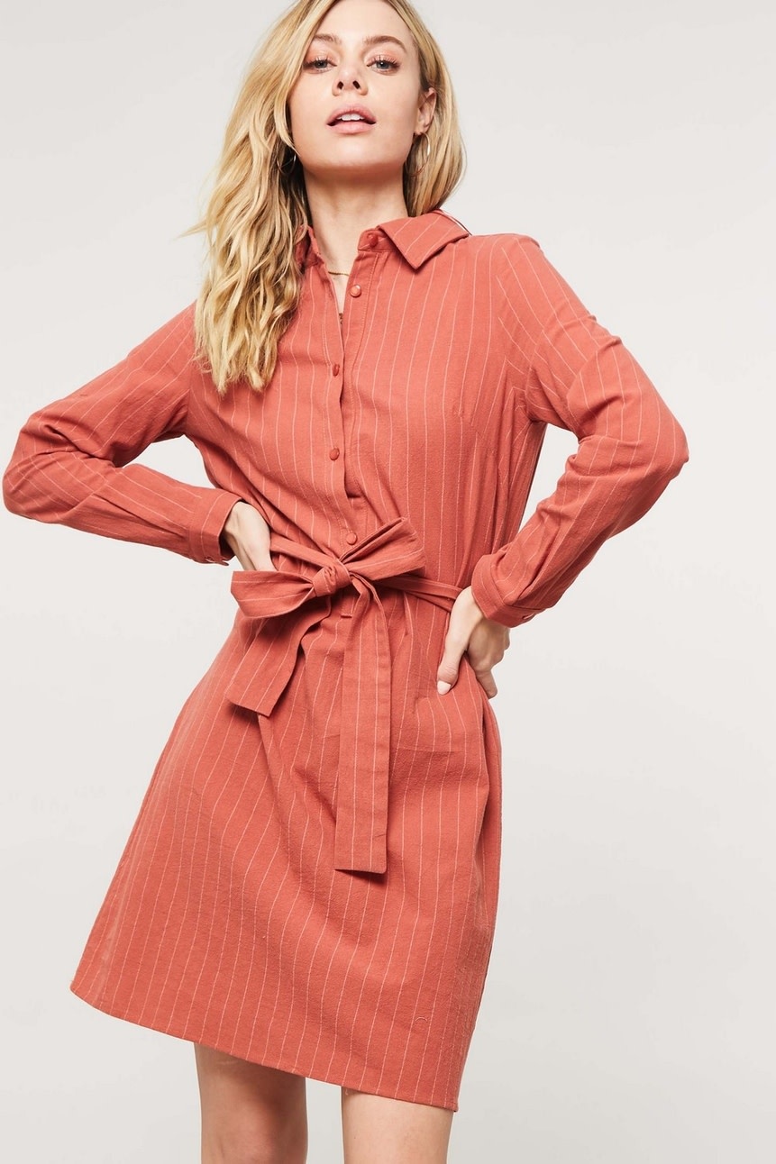 Promesa USA Brick Striped Half Button-Down Belted Mini Shirt Dress