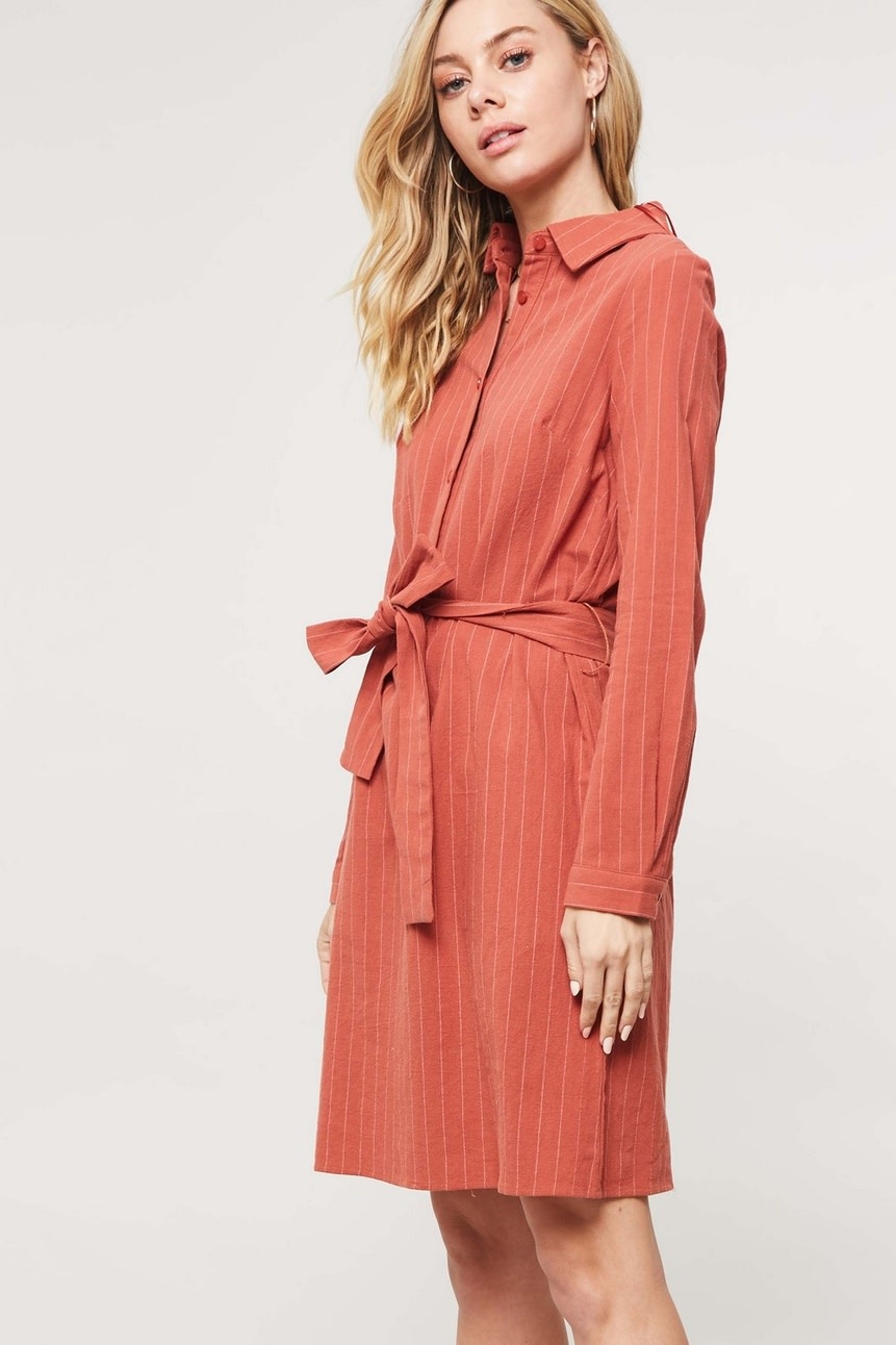 Promesa USA Brick Striped Half Button-Down Belted Mini Shirt Dress